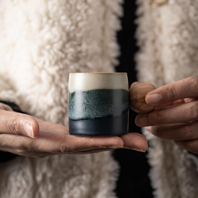 2-Oz Ceramic Espresso Cups with Wood Handle, 2/4-Piece Set for Coffee, Tea, Latte - Dishwasher Safe, Multi-Color & Wood Styles, Gift & Café Use (Kiln turning blue, Round Handle2)