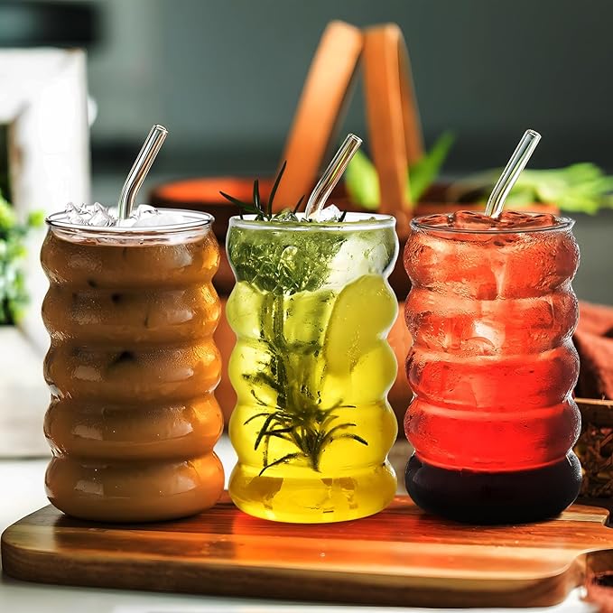 2 Pcs Drinking Glasses with Glass Straws, 19.5oz Iced Coffee, Milk Tea, Fruit Smoothie Glasses - Ideal for Water, Soda, Tea - Gift Set with Cleaning Brush