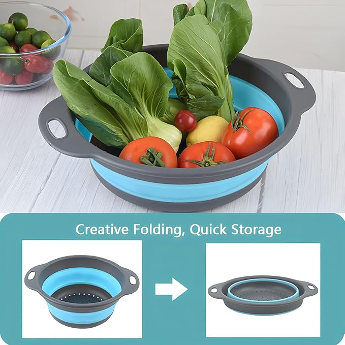 Silicone Colander Collapsible Strainers Set for Kitchen- 3 Pack (3Qt, 4Qt, 5Qt) -Over Home Draining Basket, Food Vegetables & Fruits-Dishwasher Safe, Space Saving Design (Green, Blue, Red)