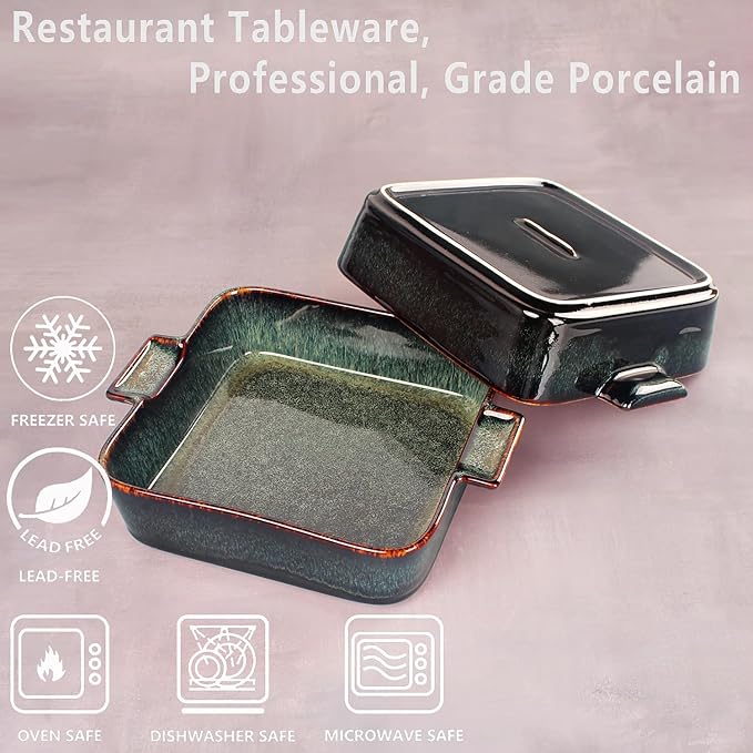 Ceramic Casserole Baking Dish - 1 Quarts Baking Dish for Oven, Lasagna Pans, Oven Safe Durable Bakeware for Kitchen Home Decor, Banquet and Dinner, Square 2 pieces 7.5 x 7.5 Inch