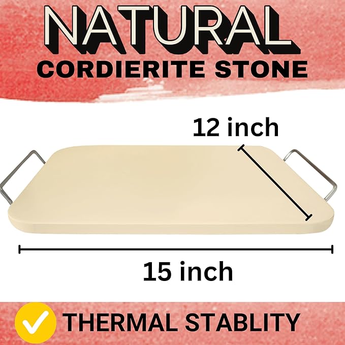 Pizza Stone for Oven and Grill - Rectangle Pizza Stones with Handles and Dough Cutter - 15 inch x 12 inch Grilling Stones - Baking Stone for Bread - Large Oven Stone