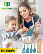 Pack of 4 Silicone Cooking Utensils Set, Non Stick Solid Spatulas and Heat Resistant Slotted Spoons with Wooden Handle, Ideal Wood Kitchen Utensils Set for Frying,Serving,Turning,Stirring (BLUE)