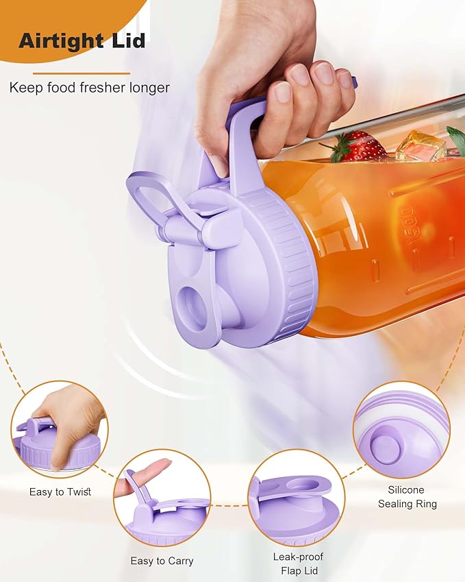 64oz Glass Mason Jar Pitcher with Lid Wide Mouth, 2 Quart Leakproof Glass Water Jug for Juice, Sun Iced Tea, Cold Brew Coffee, Milk Storage, Purple