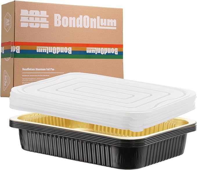 Aluminum Foil Pan with Lids,Heavy Duty Disposable Aluminum Baking Pans,14.57"×10.63" Steam Table Pan for Cooking,Heating, Storing,Prepping Roasting and Chafing (5 Pack Black and Gold w/Lids)