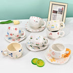 Koythin Ceramic Coffee Mug with Saucer Set, Cute Creative Bow Cup Unique Irregular Design for Office and Home, 10 oz/300 ml for Latte Tea Milk