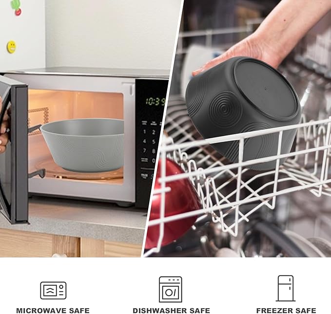 36 OZ Cereal Bowls Set of 6, Unbreakable Wheat Straw Bowls, Large Plastic Bowl Reusable, Microwave and Dishwasher Safe Kitchen Bowls for Serving, Soup, Popcorn, Ramen (Black, Grey)