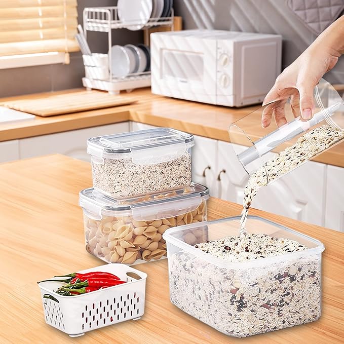 4 Pack Large Fridge Food Storage Container Set with Lids with Strainer, Fruit Vegetable Storage Containers Keep Fruits, Vegetables, Berry, Meat Fresh longer , BPA-Free Plastic Produce Keepers