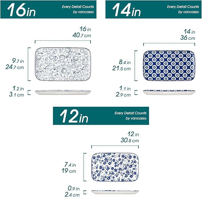 vancasso Serving Platters Set of 3, 16"/14"/12" Inch Rectangular Trays - Serving Platter Extra Large, Ceramic Serving Dish Microwave & Dishwasher Safe (Vintage Blue B)
