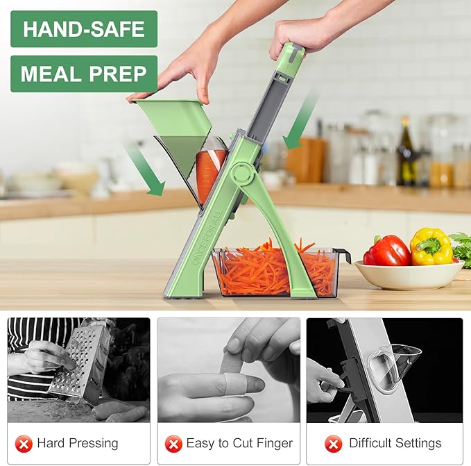 2025 [All in 1] Upgraded Version Safe Mandoline Slicer for Kitchen, Adjustable Thickness. Detachable Blade, Veggie Slicer, Rapid Prep Mandoline, with Cleaning Brush/Paring Knife (MatchaGreen)