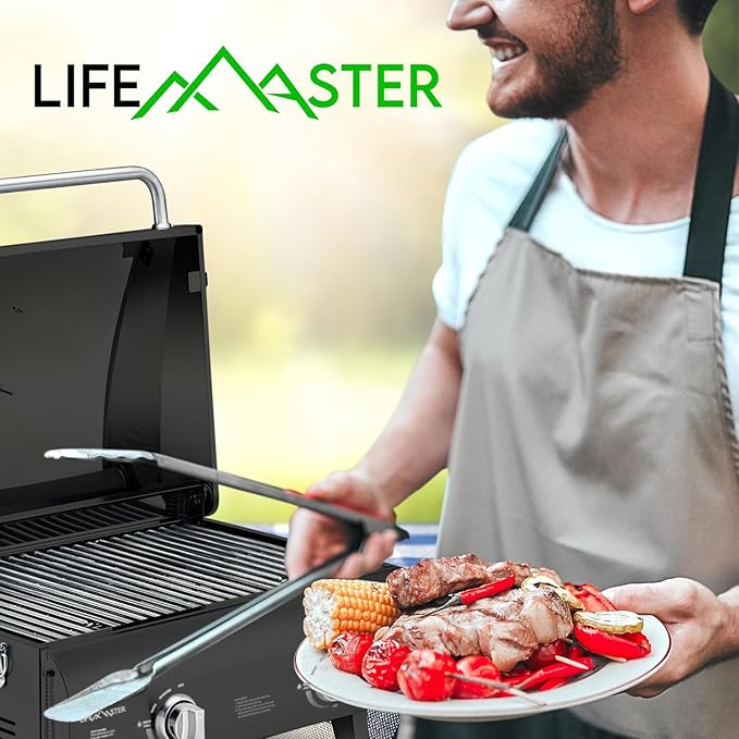 Black Portable Gas Grill, Dual 10,000 BTU Burners, 275 Sq.In Cooking Space, Push-to-Start Ignition, Wind-Proof Lid with Built-in Thermometer, Perfect for Camping Tailgates & Backyard BBQ Cookouts