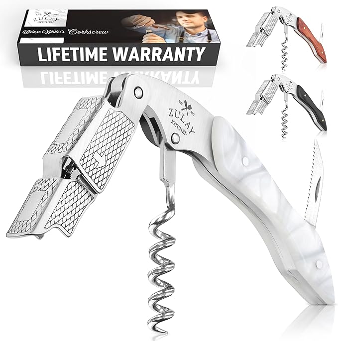 Zulay Kitchen Corkscrew Wine Opener - Premium 420 Stainless Steel & Resin Wine Bottle Opener - Double Hinged Opener with Foil Cutter & Cap Remover - Resin