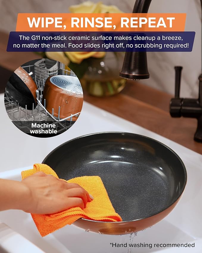Nuwave Healthy G11-Pots and Pans Set Non Stick, 9H Near-Diamond Hardness Scratch-Resistant, Works on All Stovetops, PFAS Free, with Frying Pans, Saucepans & Glass Lids, Stay-Cool Handles, Copper