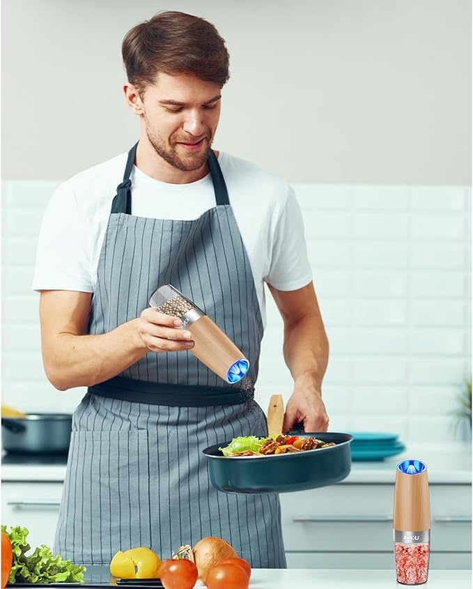 XinXu Gravity Electric Salt and Pepper Grinder Set, Automatic Mill Grinder Shaker,Battery-Operated, Adjustable Coarseness, Stainless Steel, LED Light, One Hand Operated,Wood Grain
