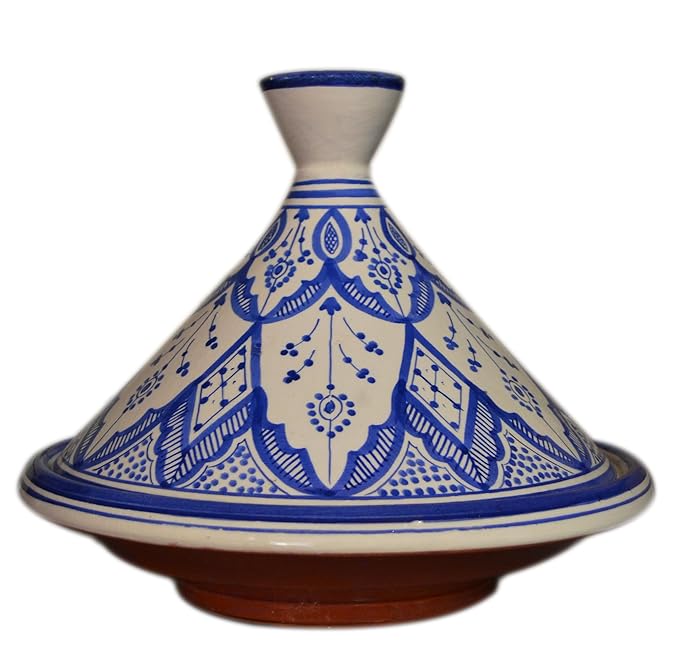 Moroccan Handmade Serving Tagine Exquisite Ceramic With Vivid colors Traditional 12 inches Across XLarge Fes White & Blue