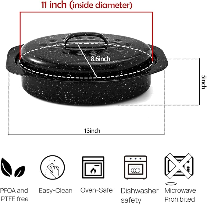 13” Enamel Roaster With Lid Oval Roasting Pan For Oven with 11"Inner Diameter Broiler Pan Suitable For Dining With Two People High Temperature Resistance Dishwasher Safety Gift Idea for Christmas