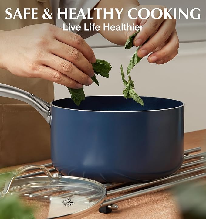 KOCH SYSTEME CS Nonstick Sauce Pan with Lid, 1 Quart Saucepan with Lid, 1 QT Nonstick Ceramic Small Sauce Pan with Stainless Steel Handle, Non-Toxic Ceramic Saucepan, Oven Safe, Gradient Blue