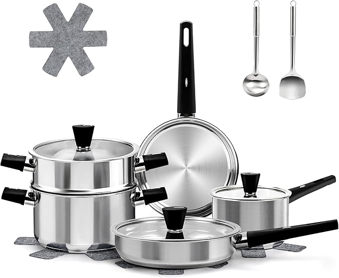 Meythway 𝐔𝐏𝐆𝐑𝐀𝐃𝐄 Stainless Steel Cookware Set Non Toxic, 14PCs Stainless Steel Pots and Pans Set with Stay-Cool Handles, Kitchen Induction Cookware with Steamer, Utensil Sets and Pot Protectors