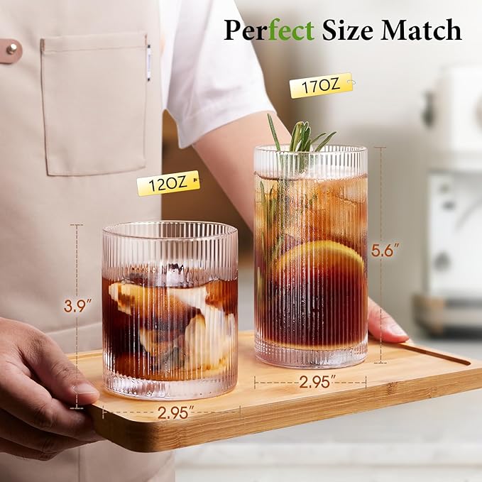 LUNA & MANTHA Ribbed Glasses Drinking Set of 8-17oz Large Capacity Highball Glasses, 12oz Rocks Glass Cups, Vintage Cocktail Glasses, Ideal for, Water, Ice Coffee Cup, Whiskey, Mixed Drinkware