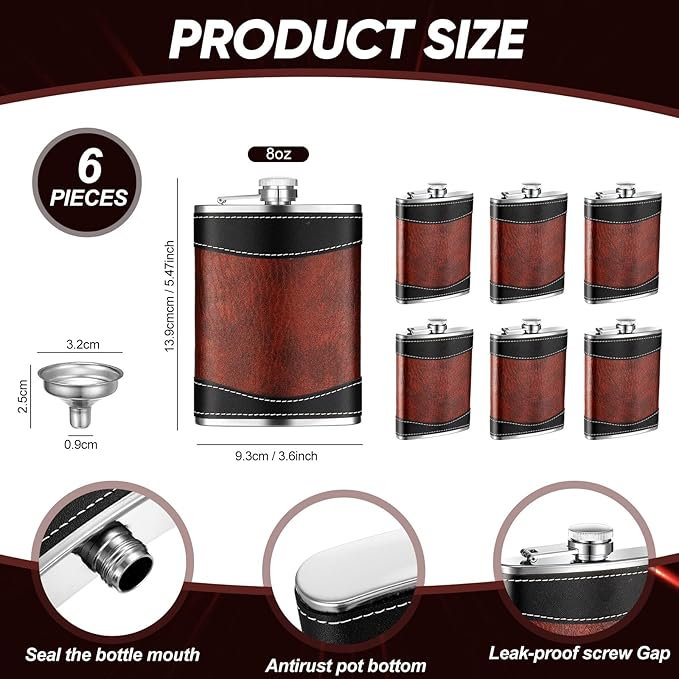 Rtteri 6 Set 8 oz Leather Hip Flasks for Liquor for Men Leak Proof Stainless Steel Drinking Flasks with Funnel Soft Wrap Whiskey Vessels for Wedding Bridesmaid Christmas Gifts (Brown)