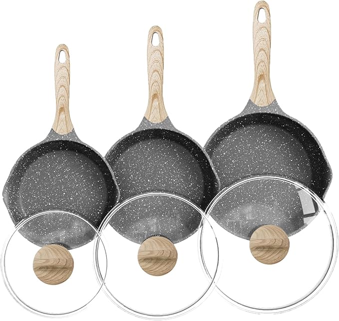 JEETEE Nonstick Frying Pans Set with Lid, Skillets Set 6 Pcs, 8" 9.5" 11" Granite Non-Stick Frying pan, Cookware Set with Bakelite Handle, Suitable All Stovetops (Gas, Electric & Induction), Grey