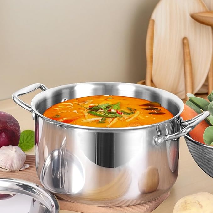 Whole-Clad Tri-Ply Stainless Steel Stockpot with Lid, 8 Quart Large Cooking Pot All Stove Compatible Up to 600℉, 18/8 Stainless Steel Kitchen Induction Ready Cookware