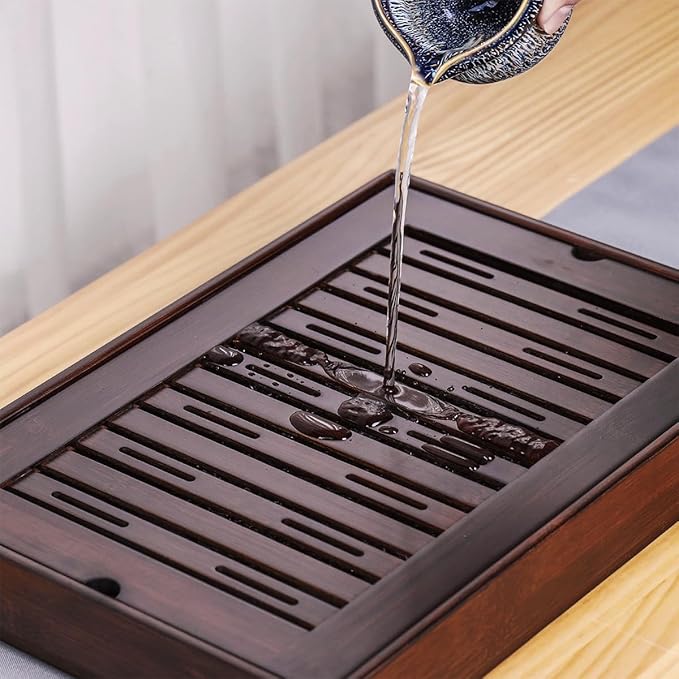 XL Size Bamboo Chinese Tea Tray - 15.6 x 10.9 inch Japanese Tea Serving Tray, Gongfu Tea Table Set with Reservoir Type Water Storage Box Kong Fu Tea Tray