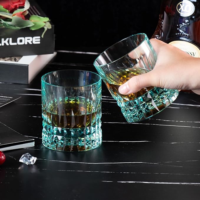 KAMMAK Crystal Whiskey Glasses Set, 7.8 oz (230 ml) Hand Blown Old Fashioned Tumbler, Thick Base Colored Glass with Delicate Rim & Seamless Design for Scotch, Bourbon, Cocktails, Aqua Green