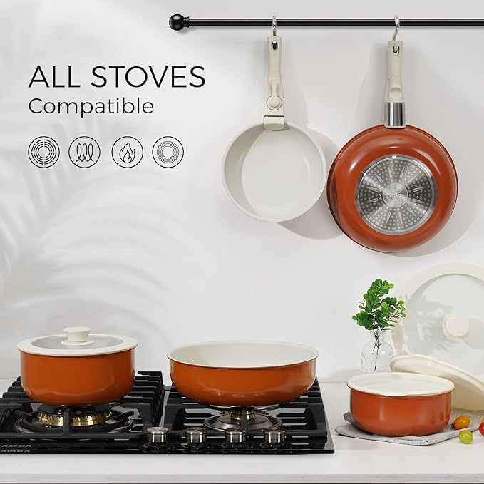 15Pcs Pots and Pans Set Non Stick, Cookware Sets with Detachable Handle, Nonstick RV Kitchen Cooking Tools Removable Handles, Oven Safe, Induction Fast, Stackable Induction Cookware, Tangerine