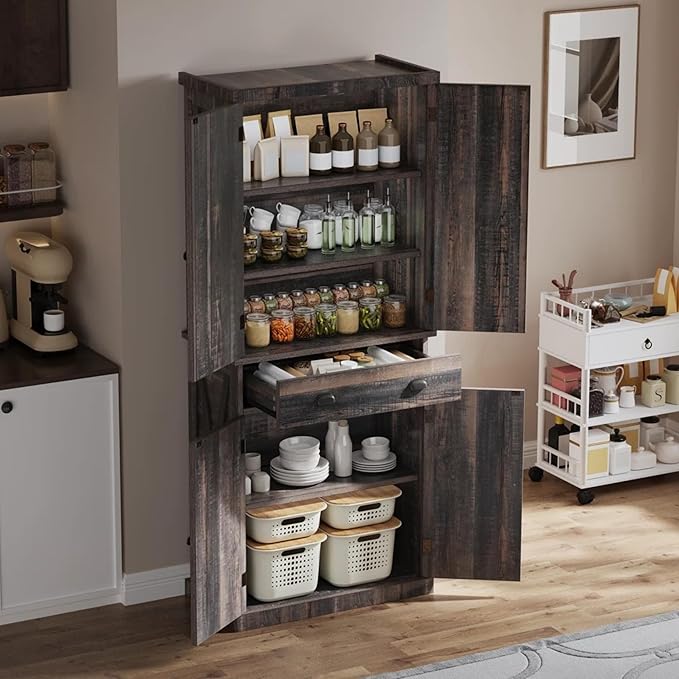 YITAHOME 72'' Tall Kitchen Pantry Cabinets, Farmhouse Storage Cabinets with Barn Doors, Drawer ＆ Adjustable Shelves, Rustic Wood Cupboard for Dining Room, Living Room, Gray Rustic