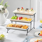 MALACASA 3 Tier Serving Trays for Party, Porcelain Serving Platters and Trays, 12 Inch Tiered Tray Stand, Fruit Tray, Trays for Serving Food, White Dessert Stand with Collapsible Sturdier Metal Rack