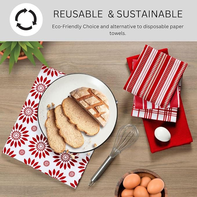 Assorted Kitchen Towels 100% Cotton Large 16x26 Inch Set of 5 - Soft Highly Absorbent Durable Reusable - Perfect for Drying Cleaning Everyday Kitchen Use - Quick Drying Dish Towels Red