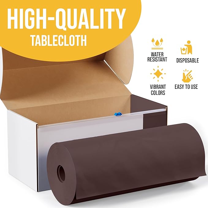 Exquisite Party Solids 54 Inch X 100 Feet Brown Plastic Table Cover Roll in A Cut - to - Size Box with Convenient Slide Cutter. Cuts Up to 12 Rectangle 8 Feet Plastic Disposable Tablecloths