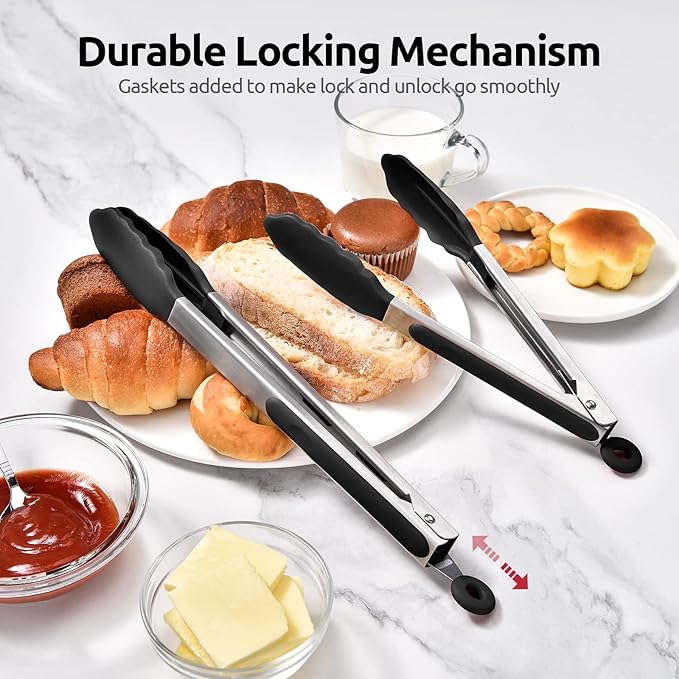 600ºF Heat Resistant Kitchen Tongs: U-Taste 9+12 inch Silicone Cooking Tong Set with Firm Sealed Non Stick Rubber Tips and Silicon Coated 18/8 Stainless Steel Handle for Serving Grilling Salad (Black)