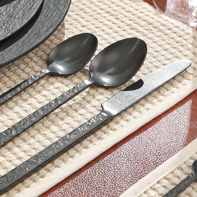 KINGSTONE 40 Pcs Black Hammered Silverware Set for 8, 18/10 Stainless Steel Heavy Duty Flatware Set, Tableware Cutlery Utensil Sets for Home Restaurant Dishwasher Safe