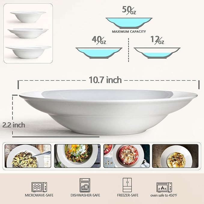 Large Pasta Bowls, 50 Ounces Big Salad Bowls, 10.7 inch White Soup Bowls, Ceramic Serving Bowl Set of 4, Wide and Shallow Bowls Set, Microwave and Dishwasher Safe