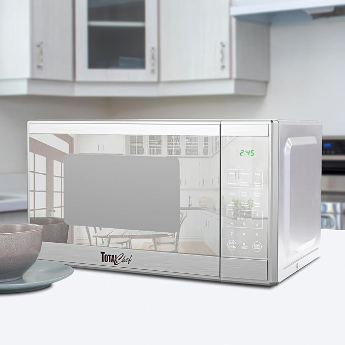 Total Chef Compact Countertop Microwave Oven, 1100W, 1.3 Cubic Feet Capacity, Digital Touchscreen Controls, One-Touch Push-Button Opening, 6 Pre-Set Cooking Modes, Silver Stainless Steel