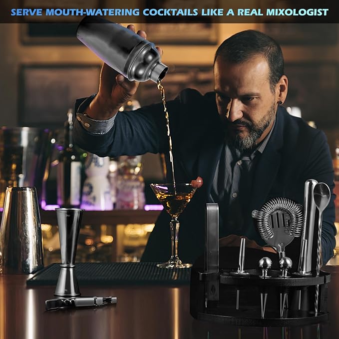 Bartender Kit with Stand, 12-Piece Bar Set | 24oz Cocktail Shaker Set for Drink Mixing, Martini Shaker Set with Bar Tools, Recipes Booklet | Fun Housewarming Gift (Black)