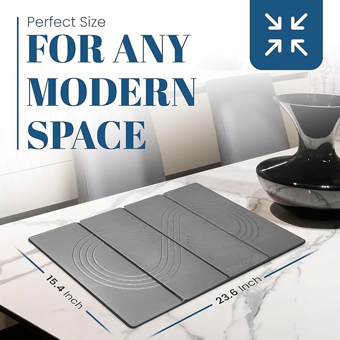 Premium Stone Dish Drying Mat – Large Foldable Kitchen Counter Mat, Super Absorbent Diatomaceous Earth with Coasters, Brush & Anti-Slip Pad – Fast Drying, Dark Gray Zen Design