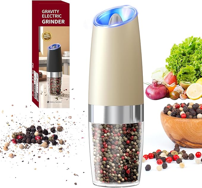 CIRCLE JOY Graviry Electric Pepper Grinder Automatic Pepper Mill Grinder with LED Light, Battery Operated, Adjustable Coarseness, Large Capacity, for Home Kitchen BBQ, Beige