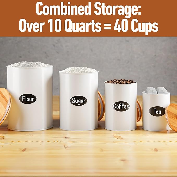 Kitchen Canisters for Countertop Set of 4 with Customizable Chalkboard Labels & Marker Pen - Big Iron Kitchen Canisters with Airtight Lids - White Canister Set - Flour and Sugar Containers Farmhouse