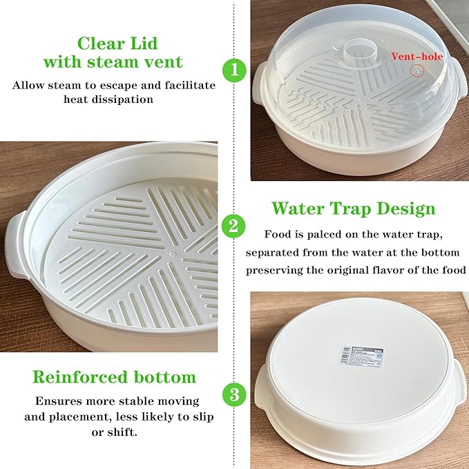 Microwave Steamer for Vegetables, Plastic Microwave Vegetable Steamer with Lid for Vegetables Prep Seafood Fish Cooking, White-Round, 10Inch