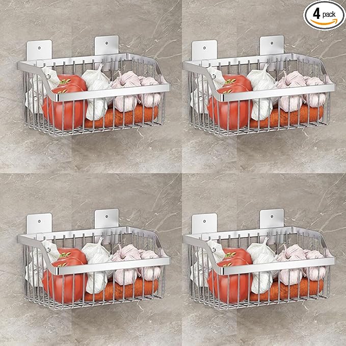Metal Wire Hanging Basket, SUS304 Stainless Steel, 4-Pack Hanging Wall Organizer Basket, Wall Mounted Shelves, Organizing Baskets for Home Kitchen, Bathroom, Pantry Utility