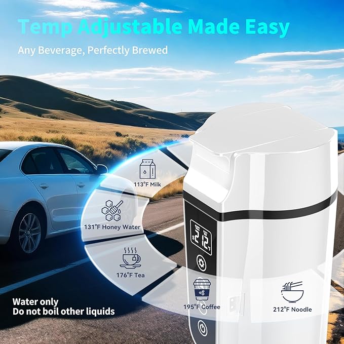 Car Electric Kettle for Travel : FVPE 12V/24V Small Electric Water Kettle, Multi-Temp Control 400 mL Portable Car Water Boiler for Brewing Coffee Tea,LCD Display 304 Stainless Steel Truck Heating Cup