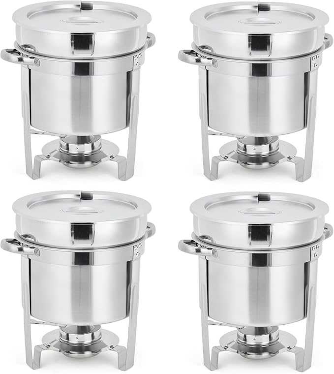 Commercial 7QT Soup Chafer Set, 4 Pack Stainless Steel Round Food Warmers Set with Pot, Notched Lids & Fuel Containers, Soup Warmers Ideal for Buffet Service & Event Catering