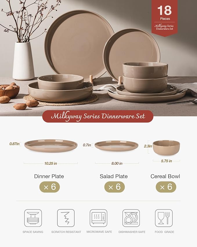 Famiware Milkyway Plates and Bowls Set, 18 Pieces Dinnerware Sets, Dishes Set for 6, Cinnamon Brown