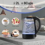 Stariver Electric Kettle, 2L Electric Tea Kettle, BPA-Free Glass Kettle with LED, Hot Water Kettle with Fast Boil, Auto Shut-Off & Boil-Dry Protection, Stainless Steel Inner Lid & Bottom, Black