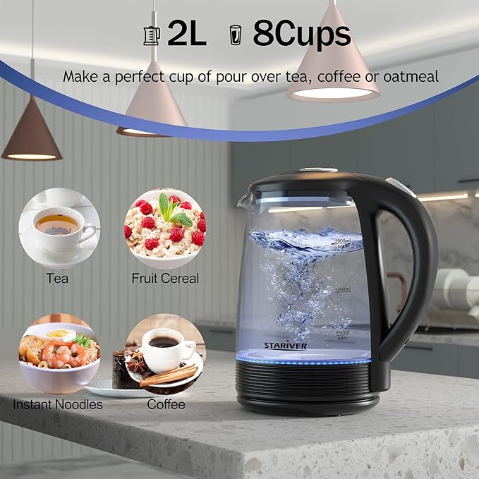 Stariver Electric Kettle, 2L Electric Tea Kettle, BPA-Free Glass Kettle with LED, Hot Water Kettle with Fast Boil, Auto Shut-Off & Boil-Dry Protection, Stainless Steel Inner Lid & Bottom, Black