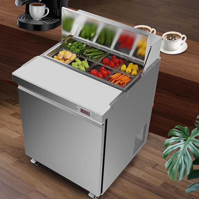 29" W Commercial Refrigerator Sandwich Salad Prep Table Refrigerator Stainless Steel with 8 Pans, Kitchen Equipment for Restaurant, Bar, Shop, Buffet, etc, ETL/NSF/DOE Approved