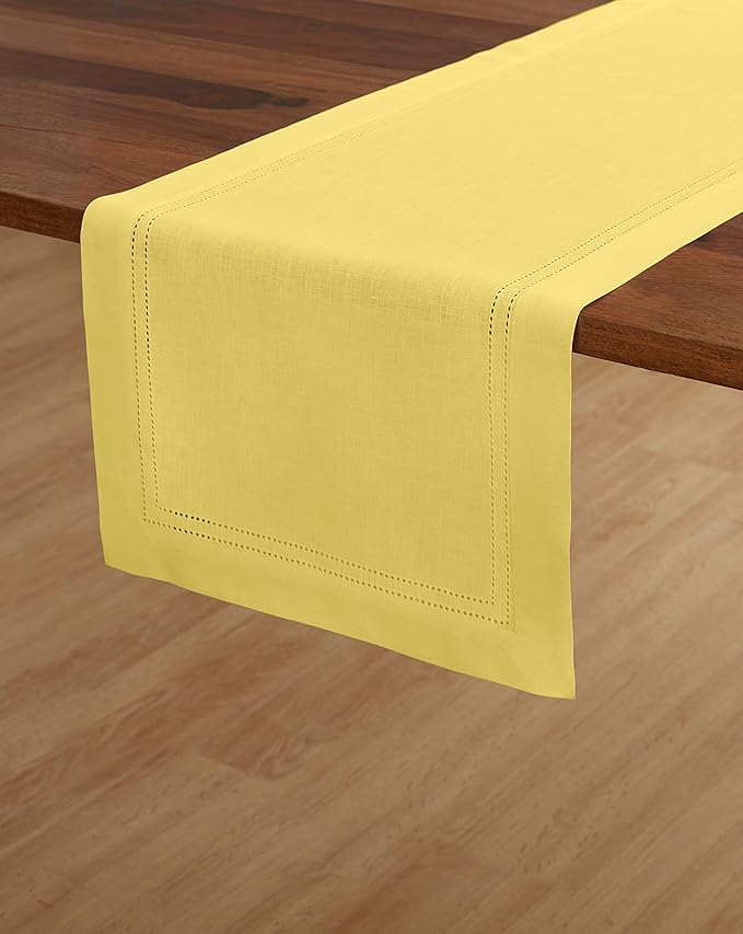 Solino Home Linen Sunshine Yellow Hemstitch Table Runner 60 Inches - 100% Pure Linen Small Table Runner 14 x 60 Inch Ideal for Dresser and Coffee Tables - Double Hemstitch, Summer