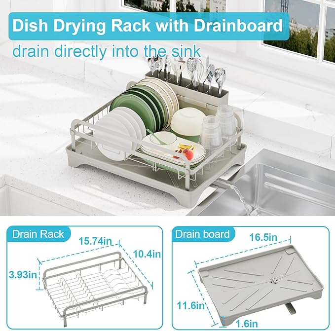 Dish Drying Rack - Space-Saving Dish Rack,Dish Racks for Kitchen Counter with Drainboard,Rustproof Countertop Dish Drainer with Utensil Holder for Sink Grey